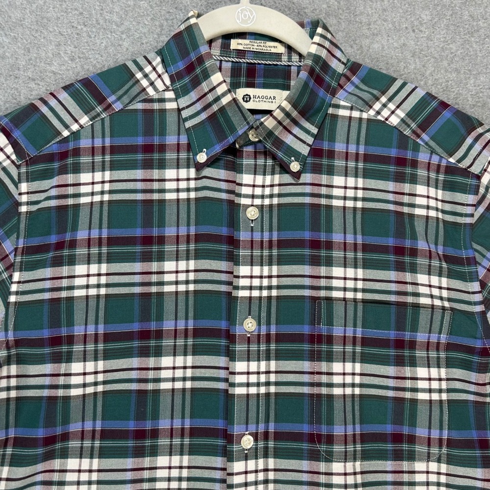 Haggar Button Down Shirt Regular Fit Mens 15.5 32/33 Green Plaid Preppy Classic